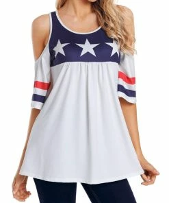 Mens Clothing Gludear Women American Flag Star Stripes Cold Shoulder T-Shirt Casual Blouse Tops