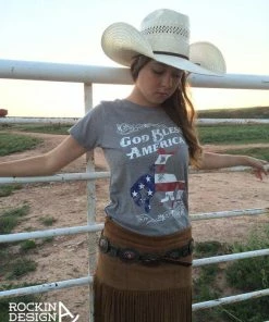 RockinAdesign Women Clothing God Bless America Polyester Cotton Heather Grey Tee / Bronc Rider / American Flag / Graphic Tee T-shirt