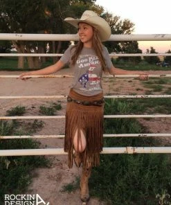 RockinAdesign Women Clothing God Bless America Polyester Cotton Heather Grey Tee / Bronc Rider / American Flag / Graphic Tee T-shirt