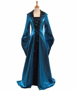 Sharon Chen' Store Halloween Costume For Women Retro Victorian Renaissance Medieval Trumpet Sleeve Hooded Gown All SaintsDress Halloween Costumes
