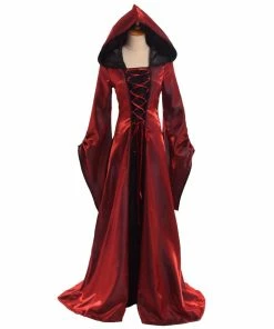 Sharon Chen' Store Halloween Costume For Women Retro Victorian Renaissance Medieval Trumpet Sleeve Hooded Gown All SaintsDress Halloween Costumes