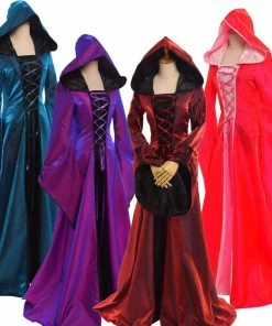 Sharon Chen' Store Halloween Costume For Women Retro Victorian Renaissance Medieval Trumpet Sleeve Hooded Gown All SaintsDress Halloween Costumes