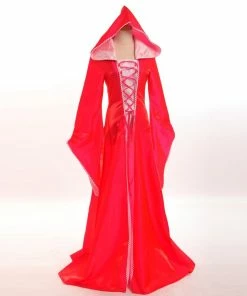 Sharon Chen' Store Halloween Costume For Women Retro Victorian Renaissance Medieval Trumpet Sleeve Hooded Gown All SaintsDress Halloween Costumes