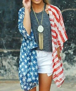 Women Clothing Happy GoGo Askwind 4th Of July Women's American Flag Print Kimono Cover Up Tops Shirt