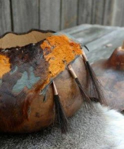 HollyHawkDesigns Native American Collection Horse Hair Gourd Bowl, Turquoise And Gold Gourd Bowl, Scalloped Gourd Bowl, Decorative Gourd, Gourd Art, Lidded Gourd Bowl