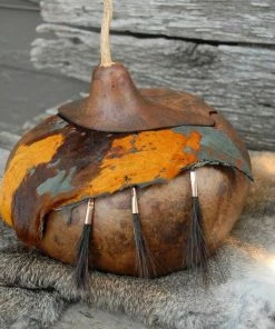 HollyHawkDesigns Native American Collection Horse Hair Gourd Bowl, Turquoise And Gold Gourd Bowl, Scalloped Gourd Bowl, Decorative Gourd, Gourd Art, Lidded Gourd Bowl
