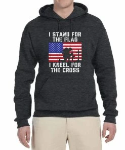 Wild Bobby Mens Clothing I Stand For The Flag I Kneel For The Cross | Mens Americana / American Pride Hooded Sweatshirt Graphic Hoodie