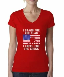 Wild Bobby Women Clothing I Stand For The Flag I Kneel For The Cross | Womens Americana/American Pride Junior Fit V-Neck Tee Graphic T-Shirt