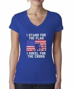 Wild Bobby Women Clothing I Stand For The Flag I Kneel For The Cross | Womens Americana/American Pride Junior Fit V-Neck Tee Graphic T-Shirt