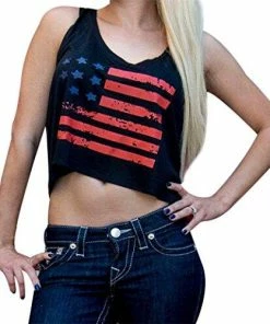 JINTING Women's Patriotic American USA Flag Sleeveless Crops Tanks Tops Shirt