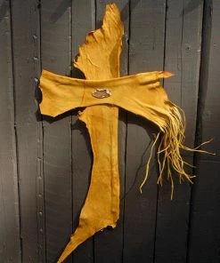 HollyHawkDesigns Native American Collection Leather Wall Cross, Western Wall Cross, Christian Cross, Religious Gift, Rustic Wall Cross, Yellow Leather Cross