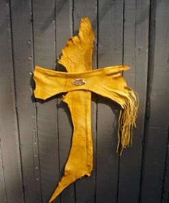 HollyHawkDesigns Native American Collection Leather Wall Cross, Western Wall Cross, Christian Cross, Religious Gift, Rustic Wall Cross, Yellow Leather Cross