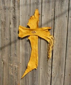 HollyHawkDesigns Leather Wall Cross, Western Wall Cross, Christian Cross, Religious Gift, Rustic Wall Cross, Yellow Leather Cross Native American Collection