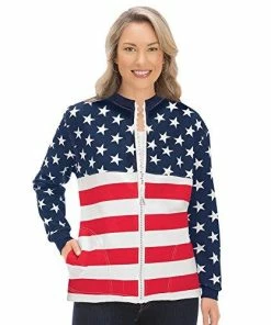 Mallory Lane Ladies Patriotic USA Flag Zip Jacket With Crystal Accents & Front Pockets