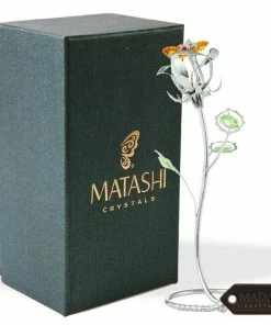 Gift Collection Matashi Parent's Day Gift - Chrome Plated Silver Rose Crystal Studded “Loving Flower Ornament”, Within Luxury Gift Box, By Great Gift Idea