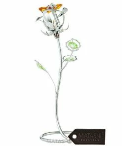 Gift Collection Matashi Parent's Day Gift - Chrome Plated Silver Rose Crystal Studded “Loving Flower Ornament”, Within Luxury Gift Box, By Great Gift Idea