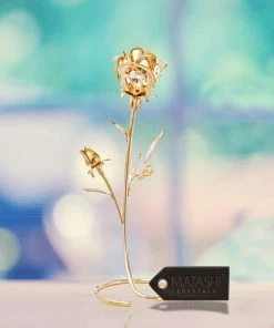 Matashi Parent's Day Gift -Rose Flower Tabletop Ornament W/Clear Crystals, Long-Stem, Metal Decorative Home Décor | Elegant Craftsmanship (Single Rose Large, Silver With Red Crystals)