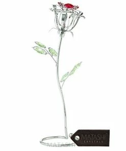 Matashi Parent's Day Gift -Rose Flower Tabletop Ornament W/Clear Crystals, Long-Stem, Metal Decorative Home Décor | Elegant Craftsmanship (Single Rose Large, Silver With Red Crystals)