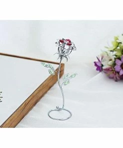Matashi Parent's Day Gift -Rose Flower Tabletop Ornament W/Clear Crystals, Long-Stem, Metal Decorative Home Décor | Elegant Craftsmanship (Single Rose Large, Silver With Red Crystals)
