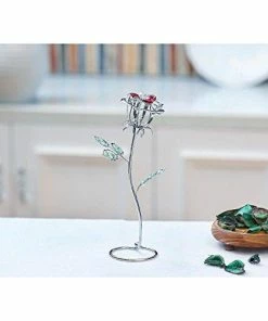 Matashi Parent's Day Gift -Rose Flower Tabletop Ornament W/Clear Crystals, Long-Stem, Metal Decorative Home Décor | Elegant Craftsmanship (Single Rose Large, Silver With Red Crystals)