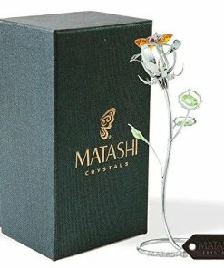 Matashi Parent's Day Gift -Rose Flower Tabletop Ornament W/Clear Crystals, Long-Stem, Metal Decorative Home Décor | Elegant Craftsmanship (Single Rose Large, Silver With Red Crystals)
