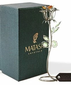 Matashi Parent's Day Gift -Rose Flower Tabletop Ornament W/Clear Crystals, Long-Stem, Metal Decorative Home Décor | Elegant Craftsmanship (Single Rose Large, Silver With Red Crystals)