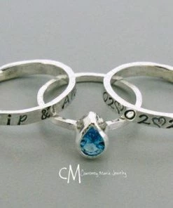 Courtneymariejewelry Accessories Mothers Ring Set - Stackable Name Rings - Stackable Birthstone Ring - Silver Stacking Rings - Pear Shape Stone - Push Present