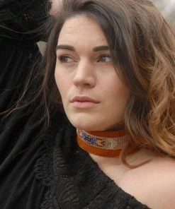 HollyHawkDesigns Native American Collection Native American Beaded Necklace, Small Beaded Choker, Tribal Necklace, Fringed Choker, Native American Beadwork, Rust Leather Beaded Choker