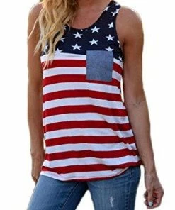 Newchoice Women's Stars And Stripes Sleeveless Racerback American Flag Tank Top Tunic With Pocket