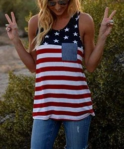 Newchoice Women's Stars And Stripes Sleeveless Racerback American Flag Tank Top Tunic With Pocket