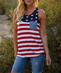 Newchoice Women's Stars And Stripes Sleeveless Racerback American Flag Tank Top Tunic With Pocket