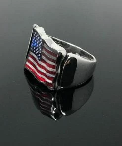 USAKARSILVER Newly Designed Handmade 925k Sterling Silver American Flag Enameled Men's Ring Waved Shape -Outstanding Gift