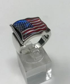 USAKARSILVER Newly Designed Handmade 925k Sterling Silver American Flag Enameled Men's Ring Waved Shape -Outstanding Gift