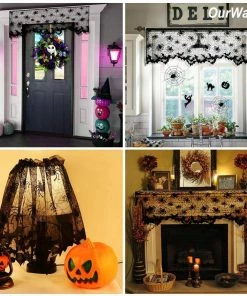 Our Warm Store Ourwarm 1 Piece Halloween Decoration Black Lace Spiderweb Shades Fireplace Mantle Scarf Cover Curtains Festive Party Supplies