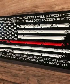 Online American Store Personalized Firefighter Gift For Him Thin Red Line American Flag Christmas Custom Sign Rustic Home Decor Graduation Fathers Day Isaiah 43:2 Concealment Flags