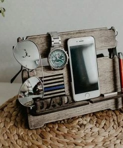 MyHandicraftStudio Personalized Thin Blue Line Wood Docking Station, Police Officer Gifts, American Flag, Personalized Gift For Men, Custom Gift For Him, Mens Accessories
