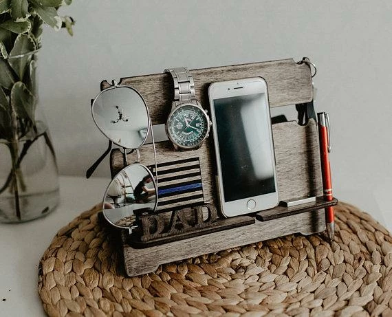MyHandicraftStudio Personalized Thin Blue Line Wood Docking Station, Police Officer Gifts, American Flag, Personalized Gift For Men, Custom Gift For Him, Mens Accessories 3 MyHandicraftStudio Personalized Thin Blue Line Wood Docking Station, Police Officer Gifts, American Flag, Personalized Gift For Men, Custom Gift For Him, Mens Accessories