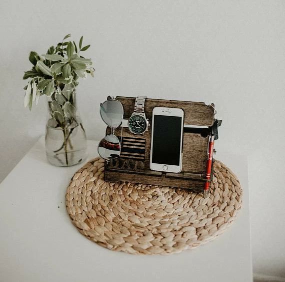 MyHandicraftStudio Personalized Thin Blue Line Wood Docking Station, Police Officer Gifts, American Flag, Personalized Gift For Men, Custom Gift For Him, Mens Accessories 4 MyHandicraftStudio Personalized Thin Blue Line Wood Docking Station, Police Officer Gifts, American Flag, Personalized Gift For Men, Custom Gift For Him, Mens Accessories