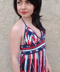 GabysSchaufenster Red White Blue Crochet Halter Top - Patriotic Top - 4th Of July - American Flag Top - Festival Top - Hippie - Bohemian - Summer Fashion Women Clothing