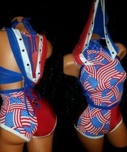 YourStripperOutfits Women Clothing Red, White, & Blue USA Flag Exotic Dancewear Outfit. Halloween, Labor Day. High Waist Booty Shorts, Hoodie, Choker, Beads, Stones, Custom