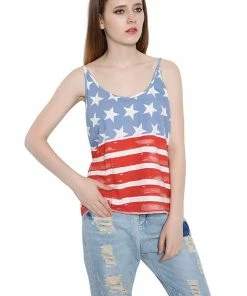 REINDEAR Fashion Women Patriotic American Flag Print Lace Camisole Tank Top US Seller