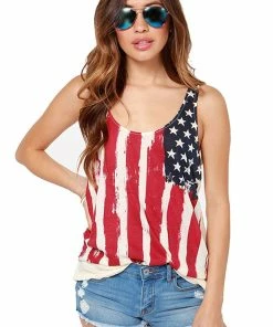 REINDEAR Fashion Women Patriotic American Flag Print Lace Camisole Tank Top US Seller