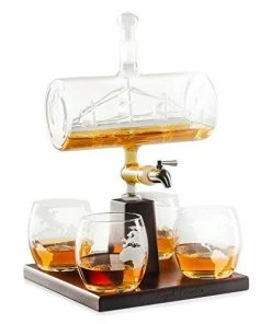 The American Store Casual Glasses Royal Decanters Sailing Ship - Perfect Gift Set - Stainless Steel Spigot Liquor Dispenser - 4 Etched World Map Glasses - For Brandy Tequila Bourbon Scotch Rum -Alcohol Related Gifts For Dad (1000ML)