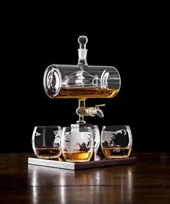 The American Store Casual Glasses Royal Decanters Sailing Ship - Perfect Gift Set - Stainless Steel Spigot Liquor Dispenser - 4 Etched World Map Glasses - For Brandy Tequila Bourbon Scotch Rum -Alcohol Related Gifts For Dad (1000ML)