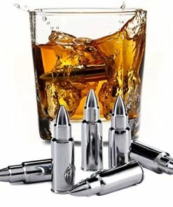 Frolk Casual Glasses Stainless Steel Bullet Shaped Whiskey Stones Set Of 6 - Premium Chilling Rocks - Ice Stones With Tongs And Freezer Pouch, Great Gift Idea For Whiskey Lovers