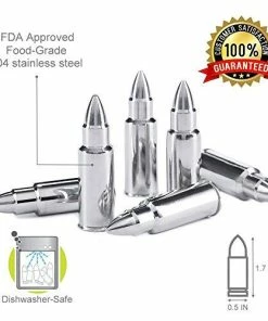 Frolk Casual Glasses Stainless Steel Bullet Shaped Whiskey Stones Set Of 6 - Premium Chilling Rocks - Ice Stones With Tongs And Freezer Pouch, Great Gift Idea For Whiskey Lovers