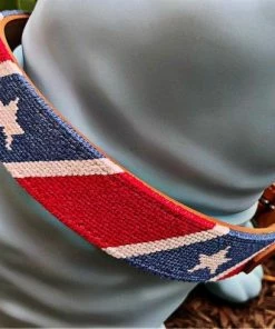 HouseOnHudsonShop Pets Stars And Stripe American Flag | Pawfect Dog Tag Dog Charm | Brown Leather, Stainless Steel Buckle & Navy Needlepoint Dog Collar