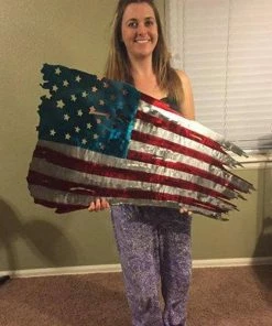 PurpleMountainMetal Tattered American Flag Metal Art, 36" Battle Torn American Flag Wall Hanging, Metal American Flag Home Decor, Large Battle Flag Home Decor