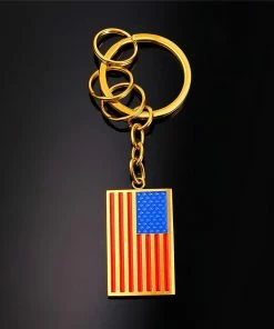 Onlineamericanstore U7 New American Flag Medal Key Chains Stainless Steel Yellow Gold Plat