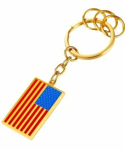 Onlineamericanstore U7 New American Flag Medal Key Chains Stainless Steel Yellow Gold Plat